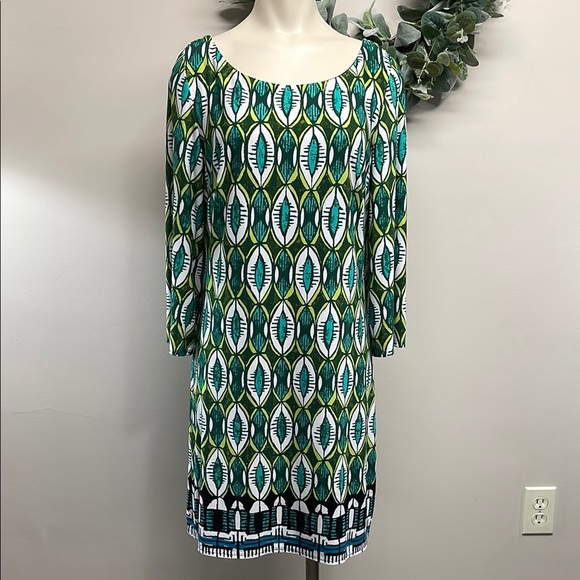 Laundry By Shelli Segal Green Abstract Geo Print 3/4 Sleeve Jersey Shift Dress S - Picture 1 of 16